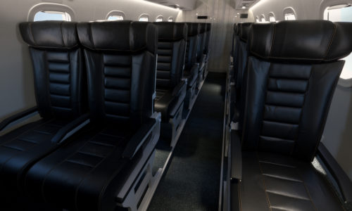 new united goderich - airplane aisle of black leather seats