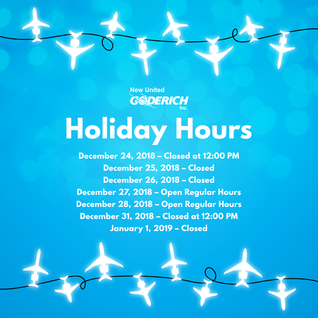 holiday hours graphic with airplane lights