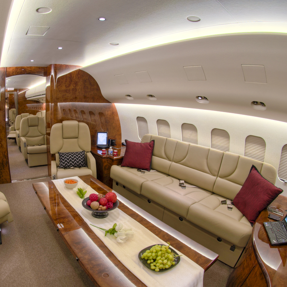 brown interior of MD business jet aircraft